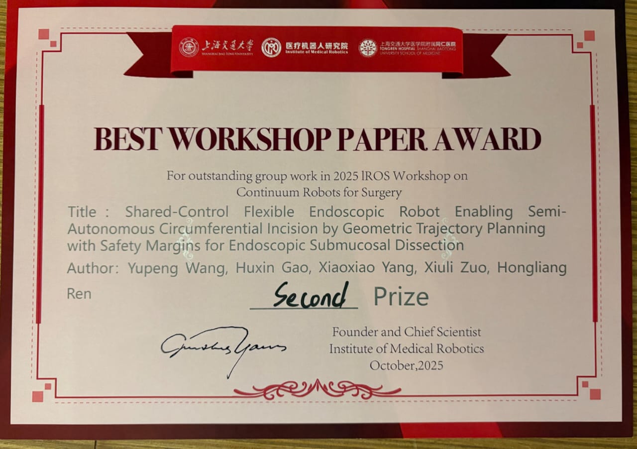 Best Workshop Paper Award certificate from 2025 IROS Workshop