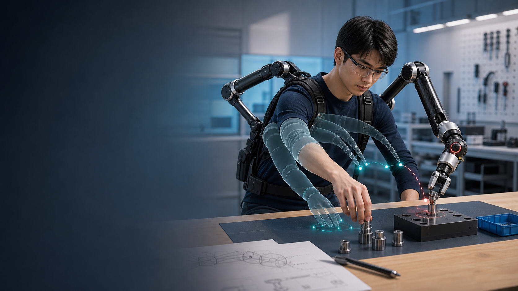 Concept image of a person collaborating with a predictive super-limb assistant